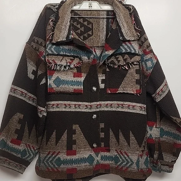 New In Geometric Aztec Patterned Vintage Brown/blue Jacket. Boho Country Western - Picture 3 of 11
